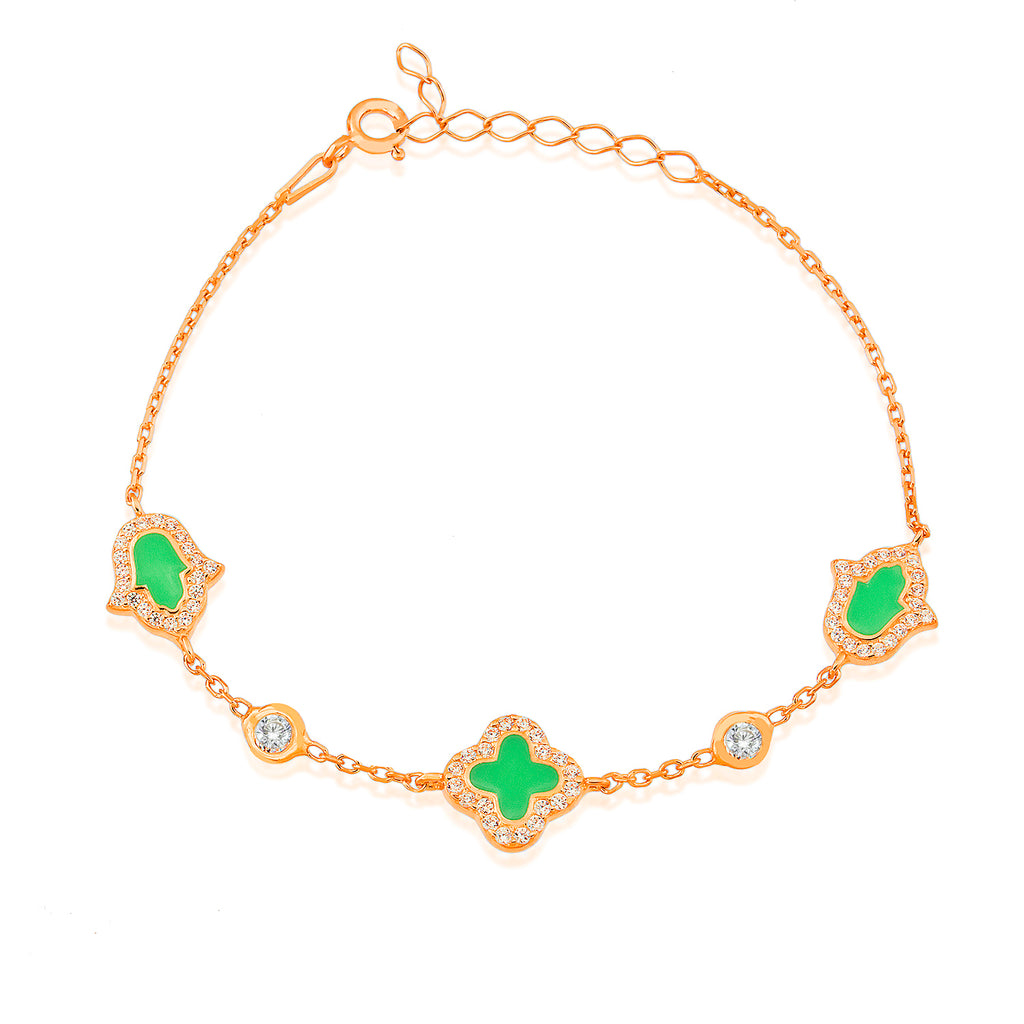 Green Hamsa and Clover Gold Plated Bracelet Wholesale 925 Crt Sterling Silver Turkish Jewelry