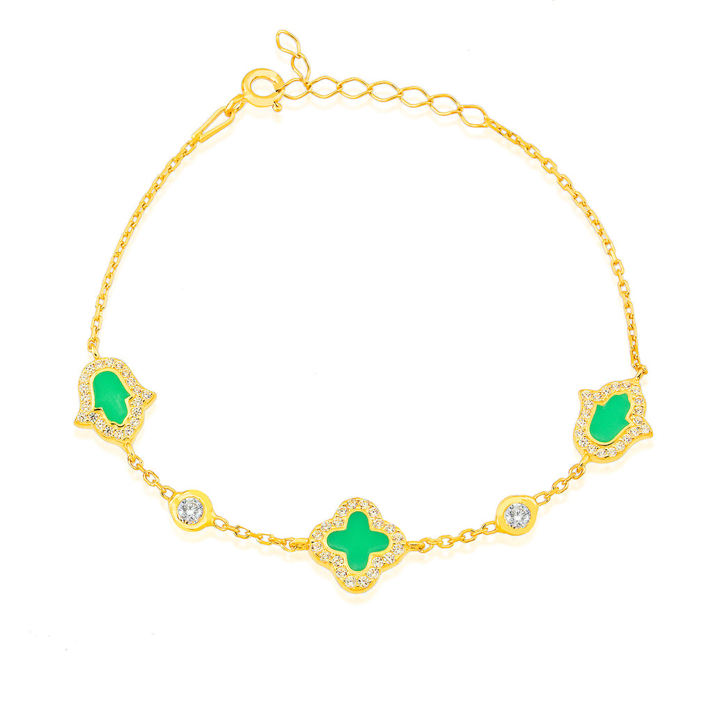Green Hamsa and Clover Gold Plated Bracelet Wholesale 925 Crt Sterling Silver Turkish Jewelry