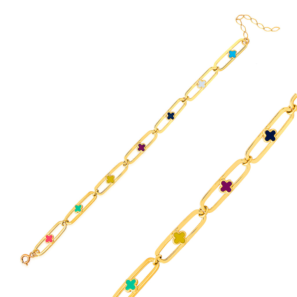 Multicolor Clover Paperclip Gold Plated Bracelet Wholesale 925 Crt Sterling Silver Turkish Jewelry