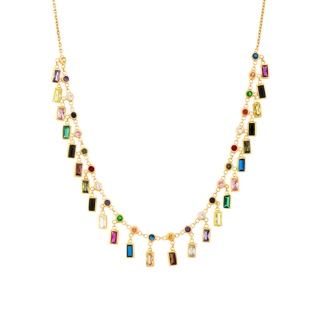 Fashionable Hanging Colorful Baguette Necklace 925 Crt Sterling Silver Gold Plated Wholesale Turkish Jewelry