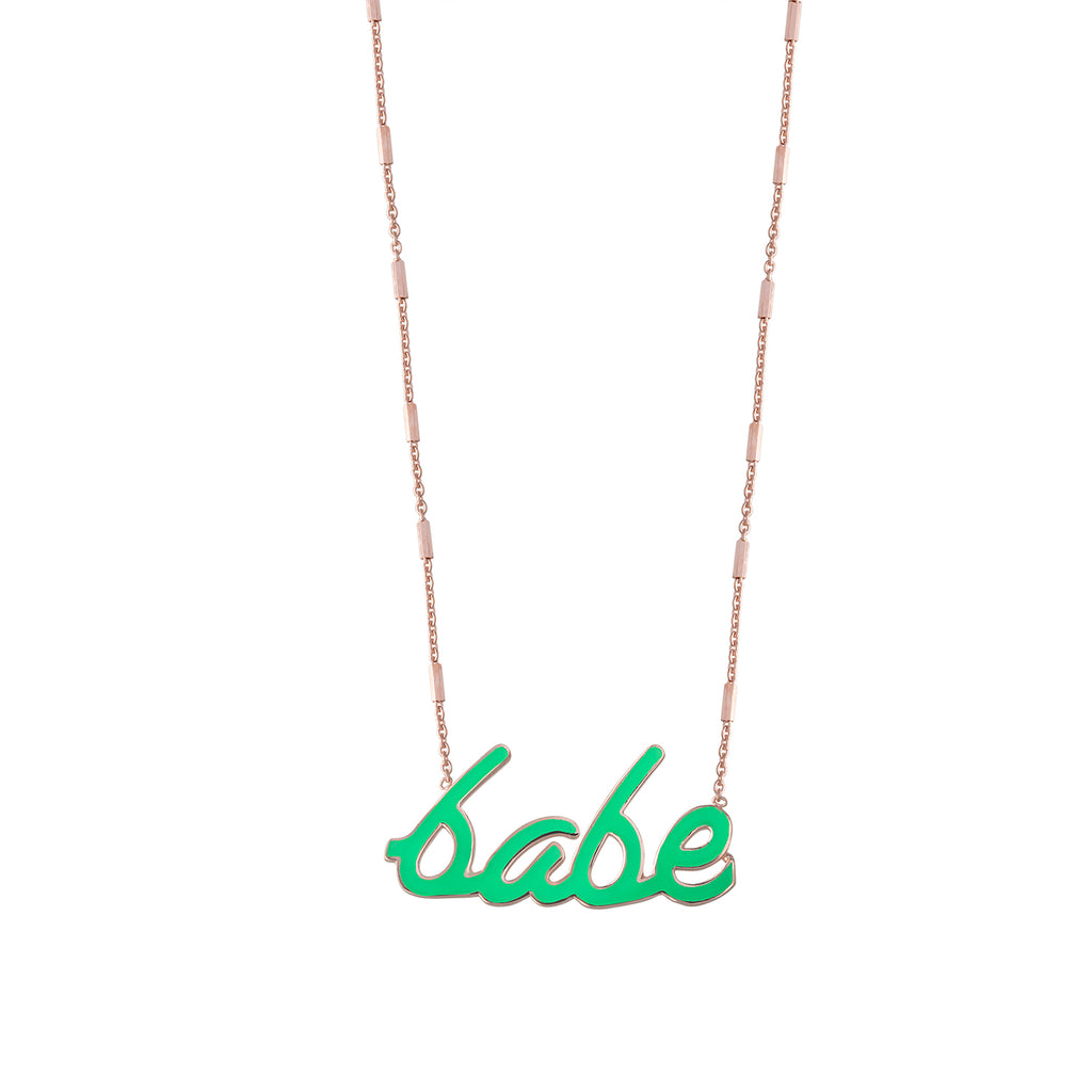925 Crt Sterling Silver Gold Plated Green Enamel Motto Babe  Fasionable Necklace Wholesale Turkish Jewelry