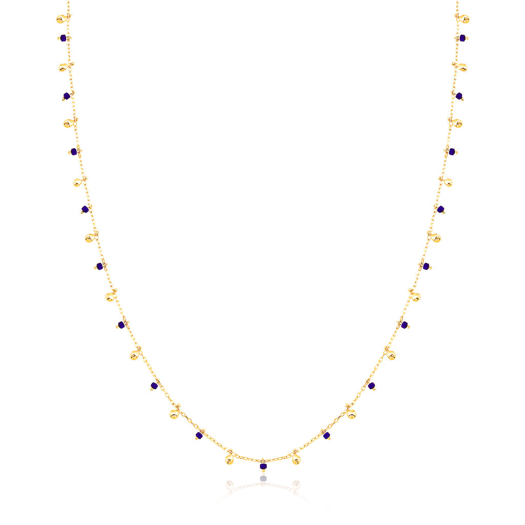 Blue Bead and Mini Balls Gold Plated Necklace 925 Crt Sterling Silver Wholesale Turkish Jewelry