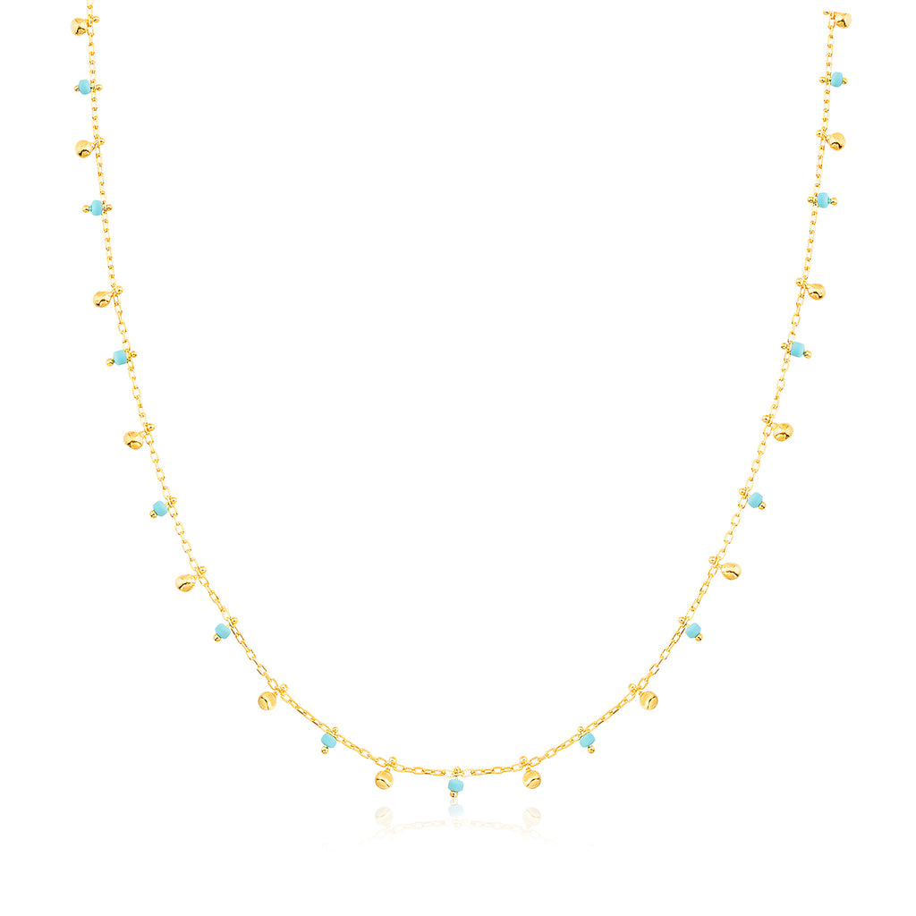 Turquoise Bead and Mini Balls Gold Plated Necklace 925 Crt Sterling Silver Wholesale Turkish Jewelry