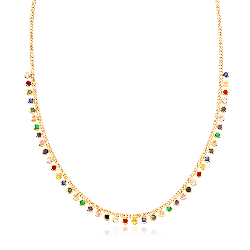 Rainbow Zirconia Cuban Chain Gold Plated Necklace 925 Crt Sterling Silver Wholesale Turkish Jewelry