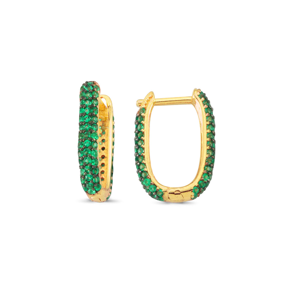 Green Zirconia Elongated Hoop Trendy Earring Wholesale 925 Sterling Silver Turkish Jewelry