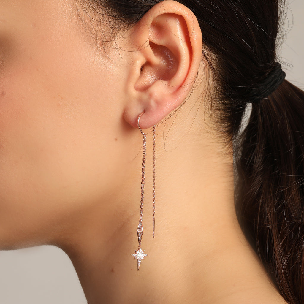 Double Chain Northstar Trendy Earring Wholesale 925 Sterling Silver Turkish Jewelry