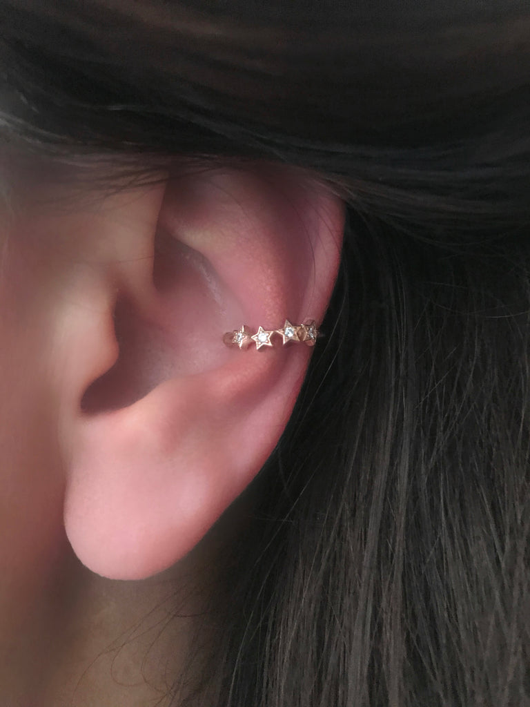 Adjustable White Zirconia Star Gold Plated Earcuff Wholesale 925 Crt Sterling Silver Turkish Jewelry(Single)