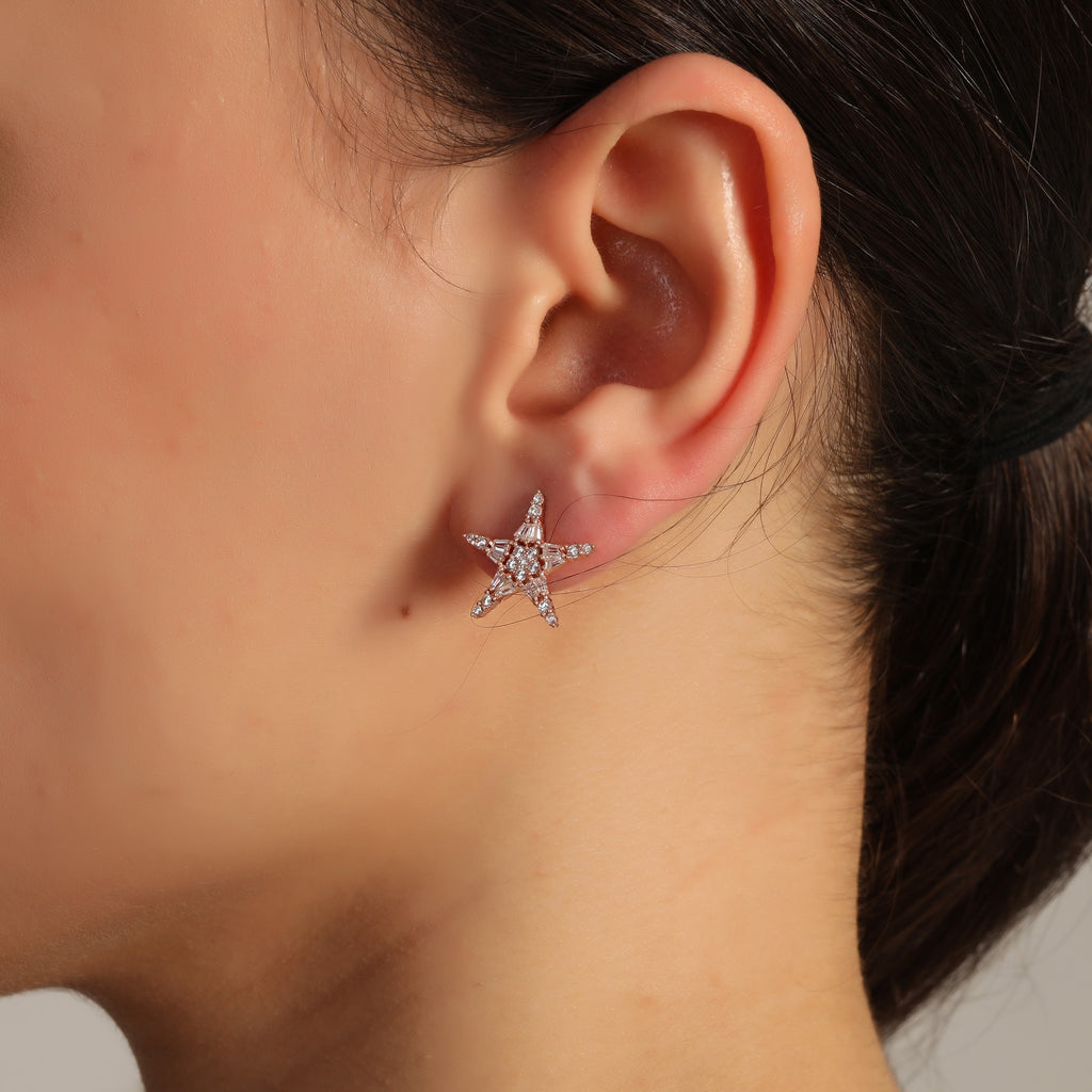 Baguette Star Stud Earring  925 Crt Wholesale Sterling Silver  Turkish Jewelry