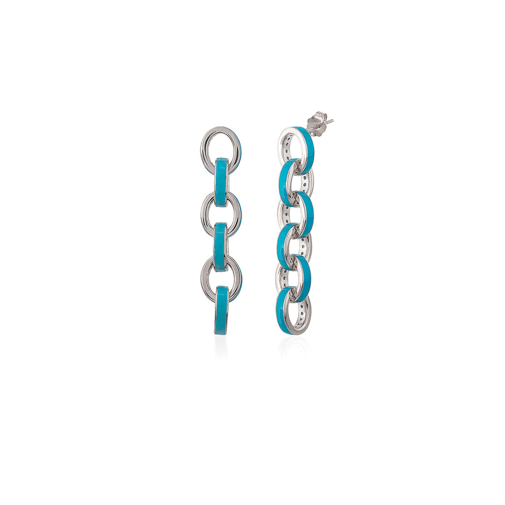 Turquoise Enamel Chunky Chain Long Earring 925 Sterling Silver Wholesale Turkish Jewelry