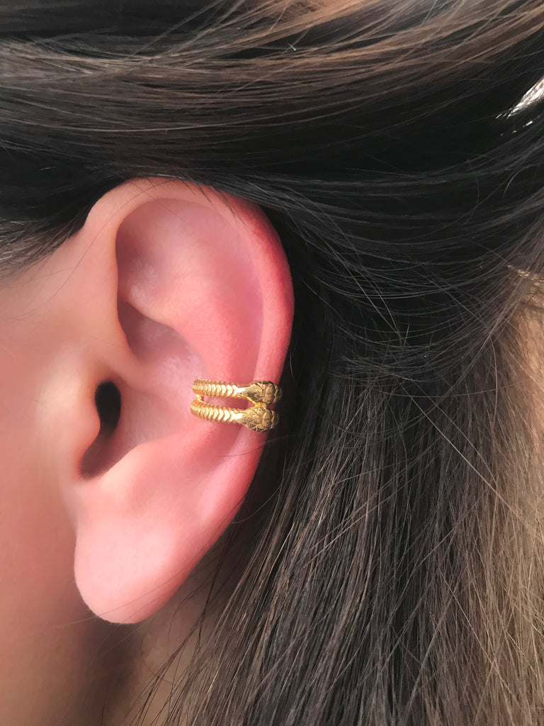 Adjustable Double Cobra Gold Plated Earcuff Wholesale 925 Crt Sterling Silver Turkish Jewelry