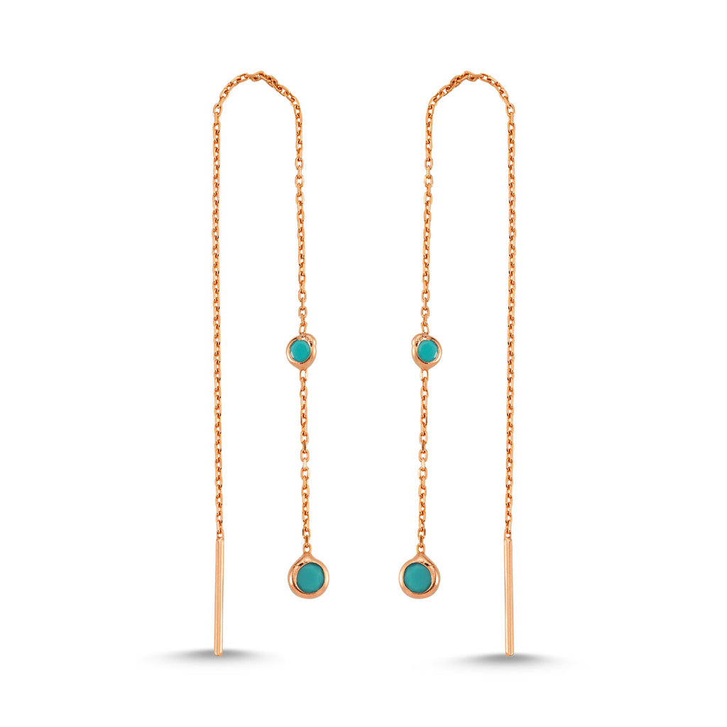 New Trend Double Turquoise Hanging Chain Earring 925 Sterling Silver Wholesale Fashionable Turkish Jewelry