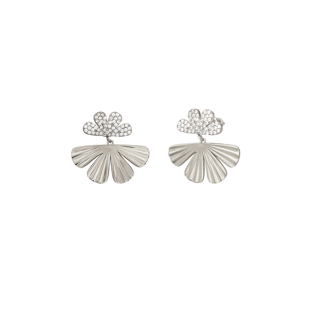 White Zirconia Clover Gold Plated Stud Earring  925 Crt Sterling Silver Wholesale Turkish Jewelry