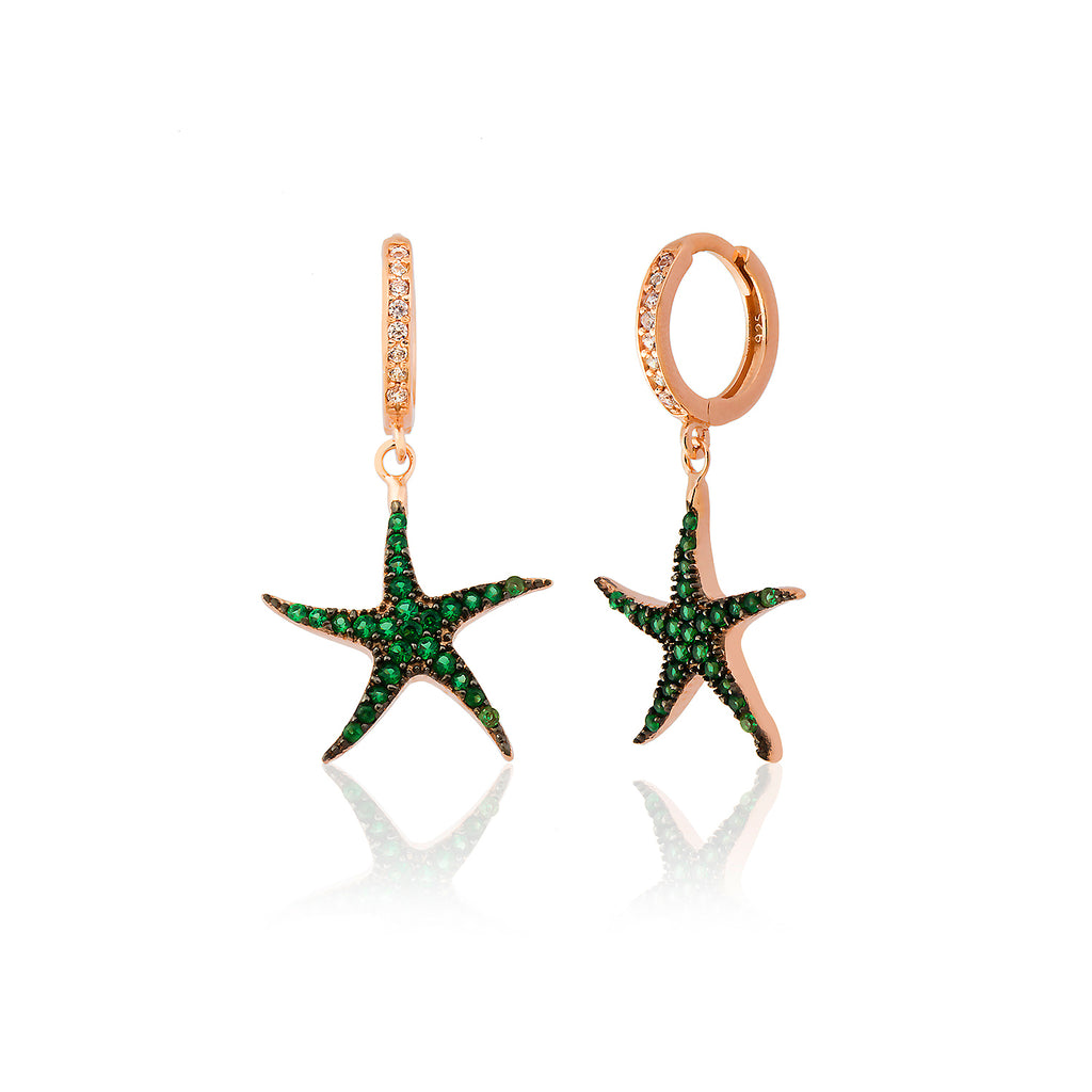 Green Zirconia Starfish Earring  925 Crt Sterling Silver Wholesale Turkish Jewelry
