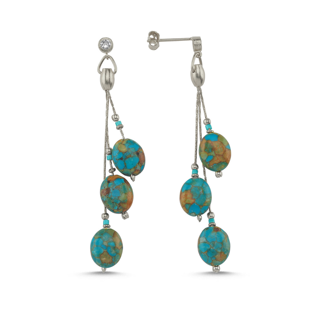 Triple Hanging Turquoise Stone Earring 925 Crt Sterling Silver Gold Plated Wholesale Turkish Jewelry