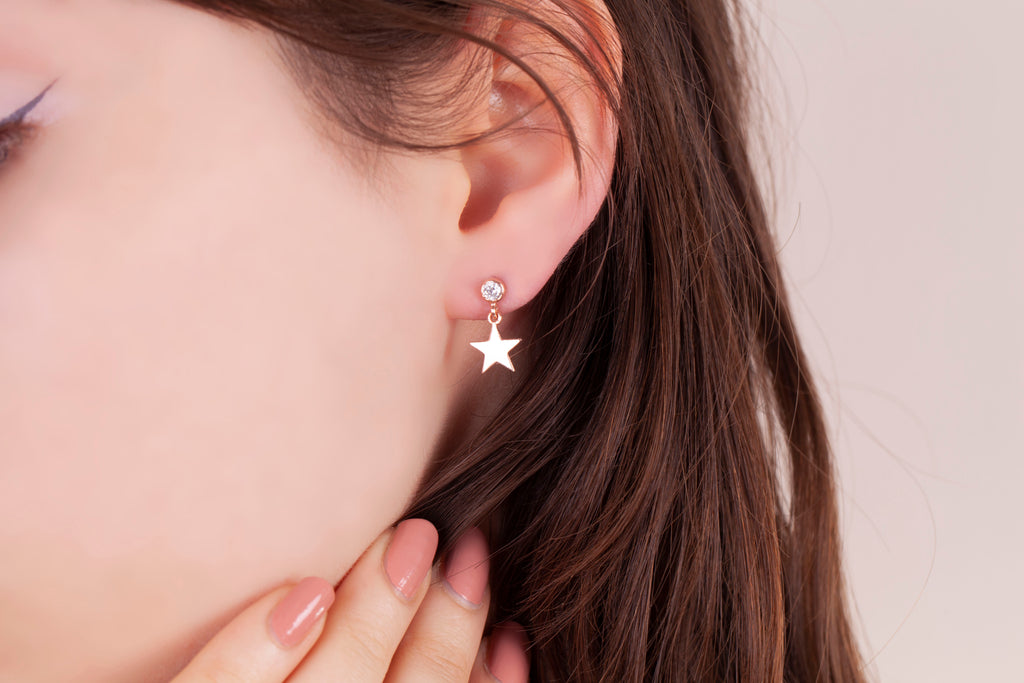 Gold Plated Zirconia Hanging Star Stud Earring  925 Crt Sterling Silver  Wholesale Turkish Jewelry