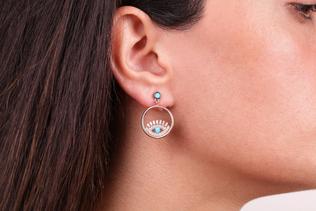 925 Crt Sterling Silver Best Quailty Handcraft  Turquoise-White Zirconia White Baquette Round Evil Eyelash  Stud Earring Wholesale Turkish Jewelry