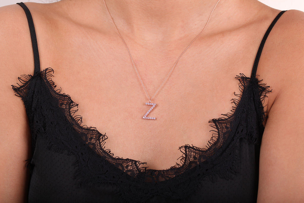White Zirconia Z Initial Letter Gold Plated Necklace 925 Crt Sterling Silver Wholesale Turkish Jewelry