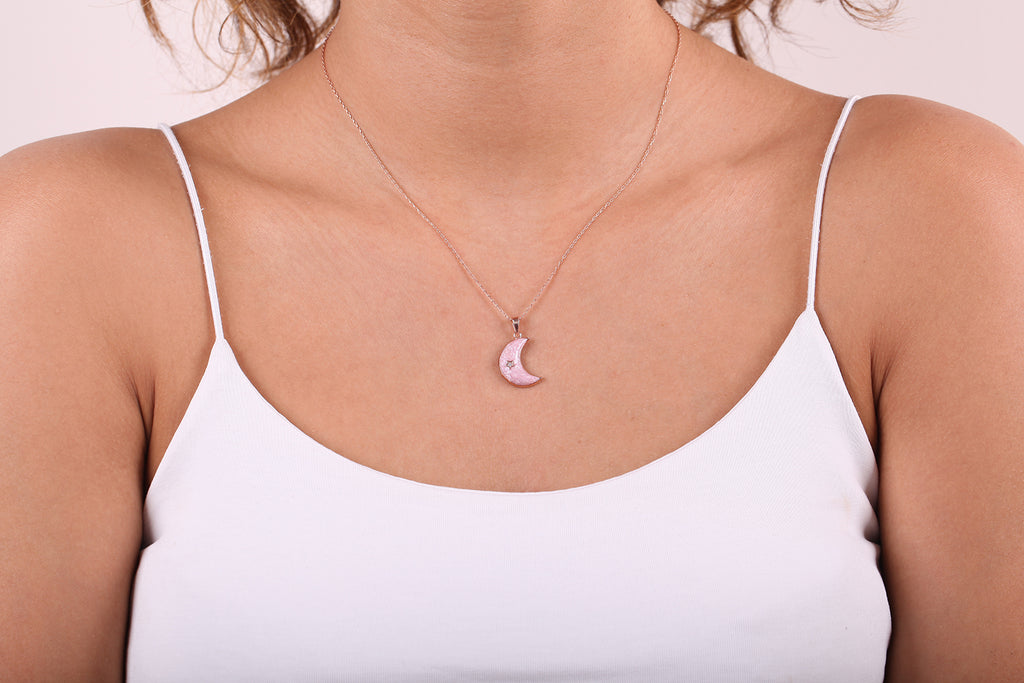 925 Crt Sterling Silver Gold Plated White Zirconia Shiny Pink Enamel Moon Necklace Wholesale Turkish Jewelry