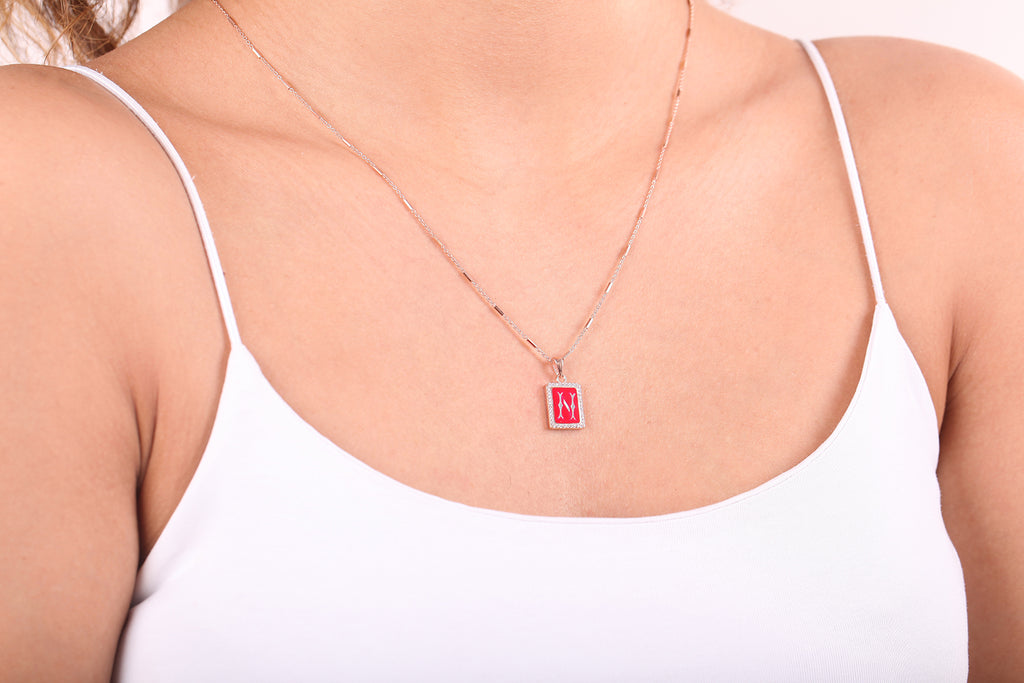 White Zircona Red Enamel N Initial Letter Gold Plated Necklace 925 Crt Sterling Silver Wholesale Turkish Jewelry