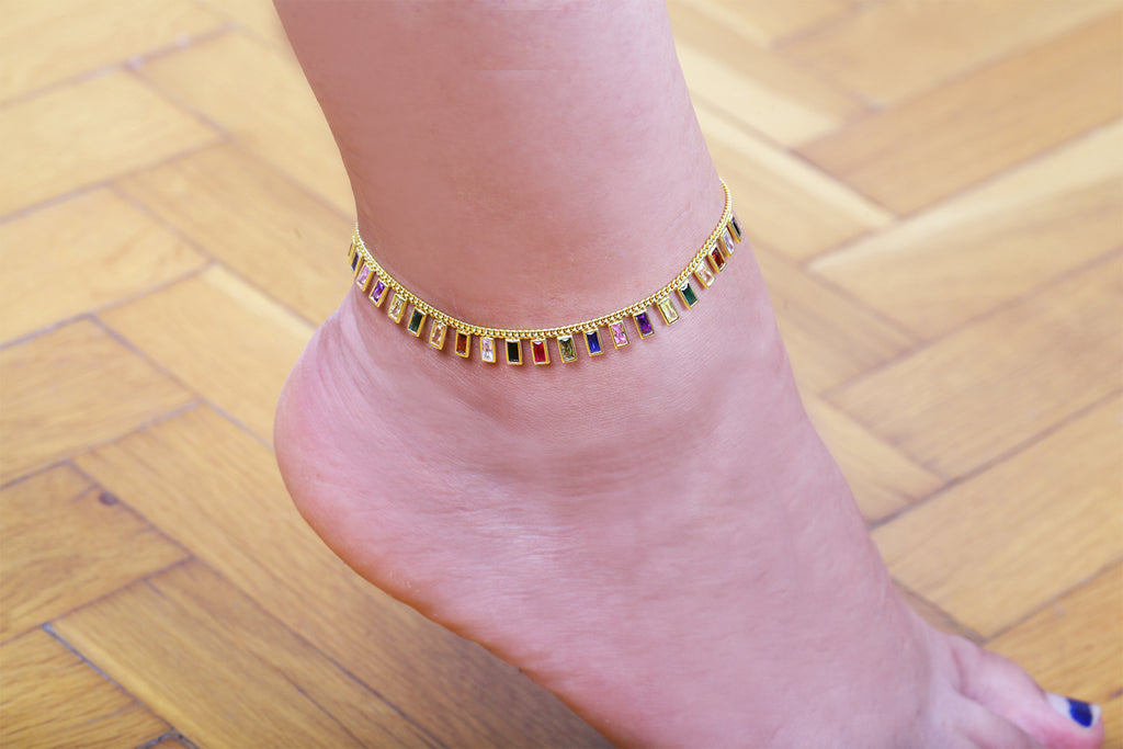 925 Sterling Silver Gold Plated Colorful Baquette Anklet Wholesale Turkish Jewelry