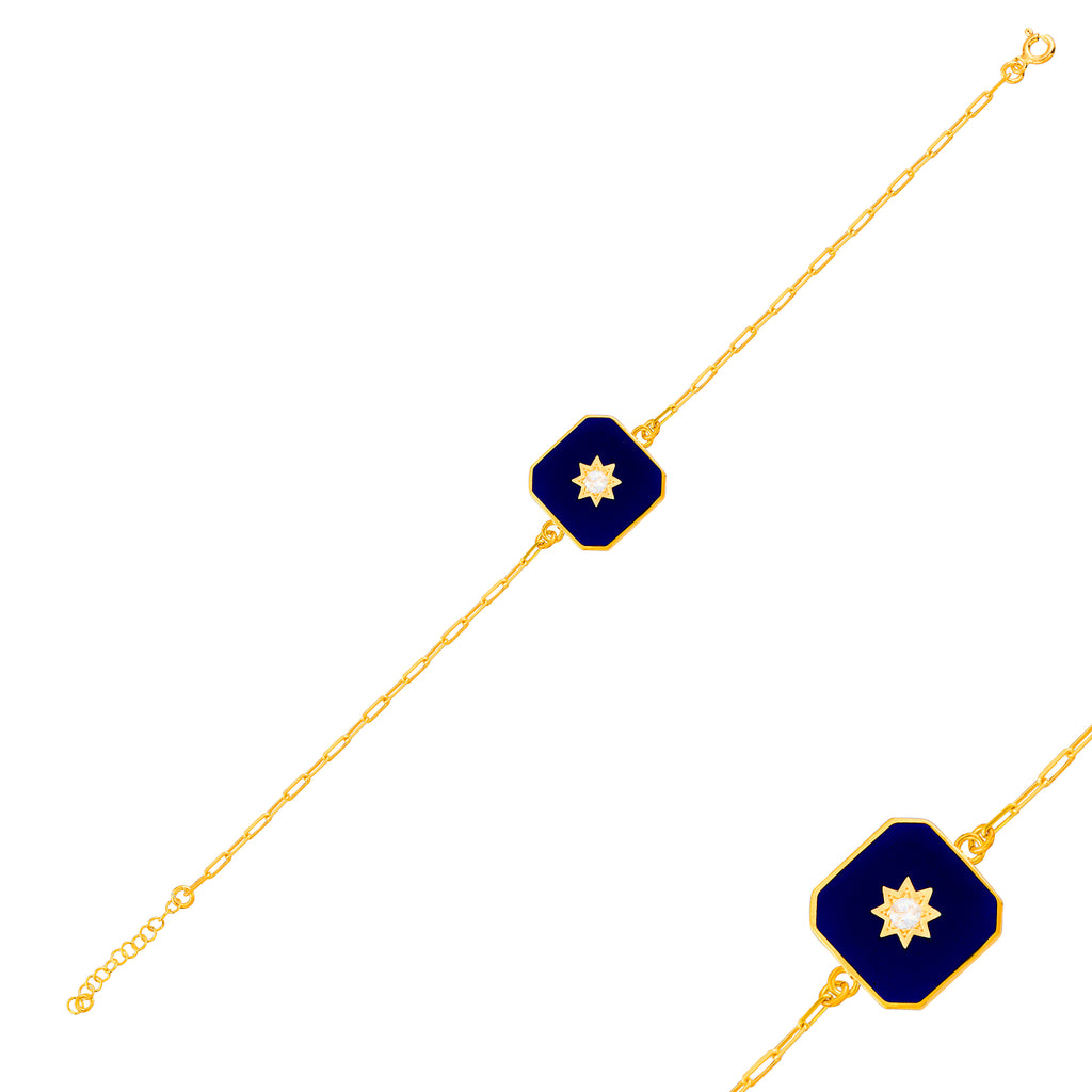 Gold Plated Dark Blue Enamel Square  925 Crt Sterling Silver  Bracelet Wholesale Turkish Jewelry