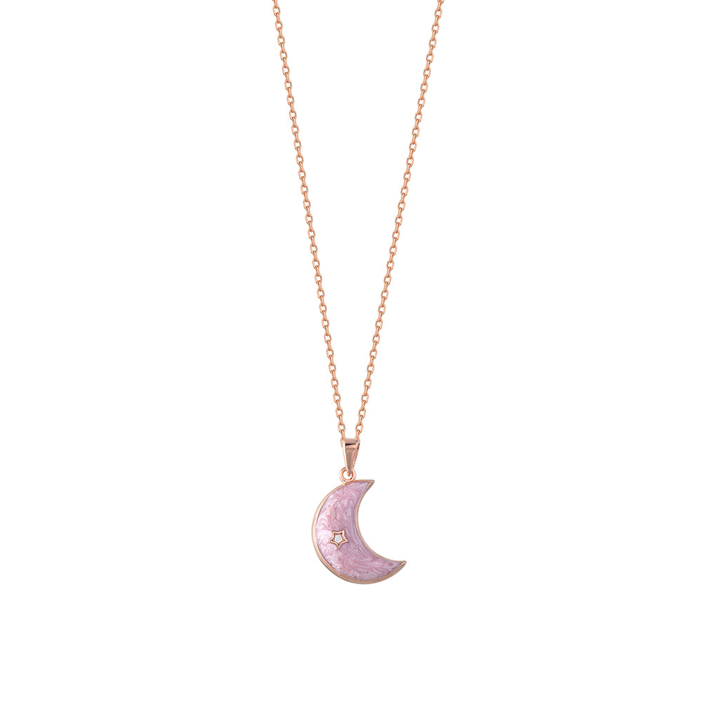 925 Crt Sterling Silver Gold Plated White Zirconia Shiny Pink Enamel Moon Necklace Wholesale Turkish Jewelry