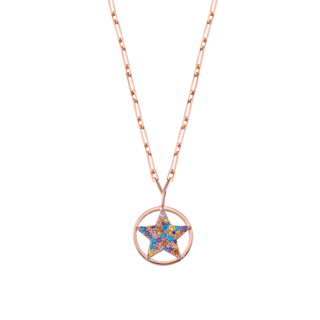 925 Crt Sterling Silver Gold Plated Colorful Zirconia Star Necklace Wholesale Turkish Jewelry