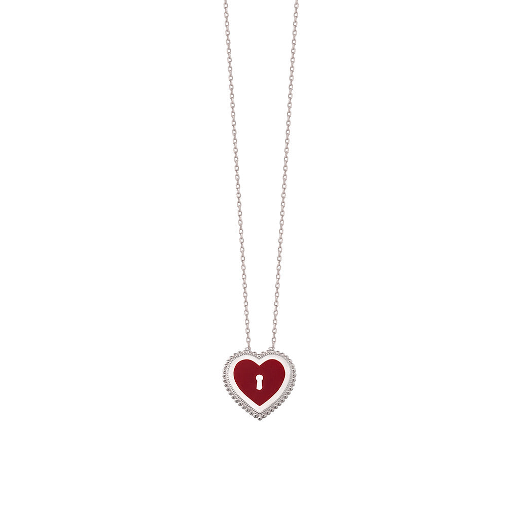 White Zircona Red Enamel Heart Gold Plated Necklace 925 Crt Sterling Silver Wholesale Turkish Jewelry