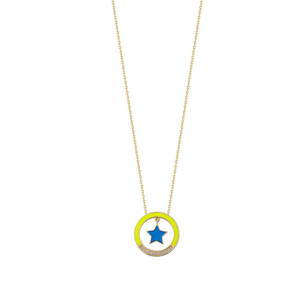 925 Crt Sterling Silver Gold Plated White Zirconia Round Yellow Star Navy Blue Enamel  Fasionable Necklace Wholesale Turkish Jew