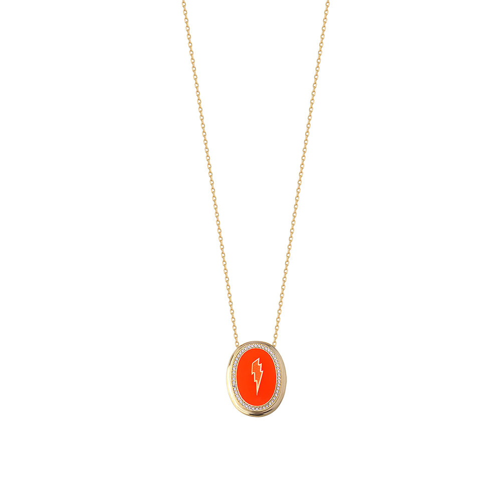 925 Crt Sterling Silver Gold Plated White Zirconia Coral Enamel Oval Lightning Necklace Wholesale Turkish Jewelry