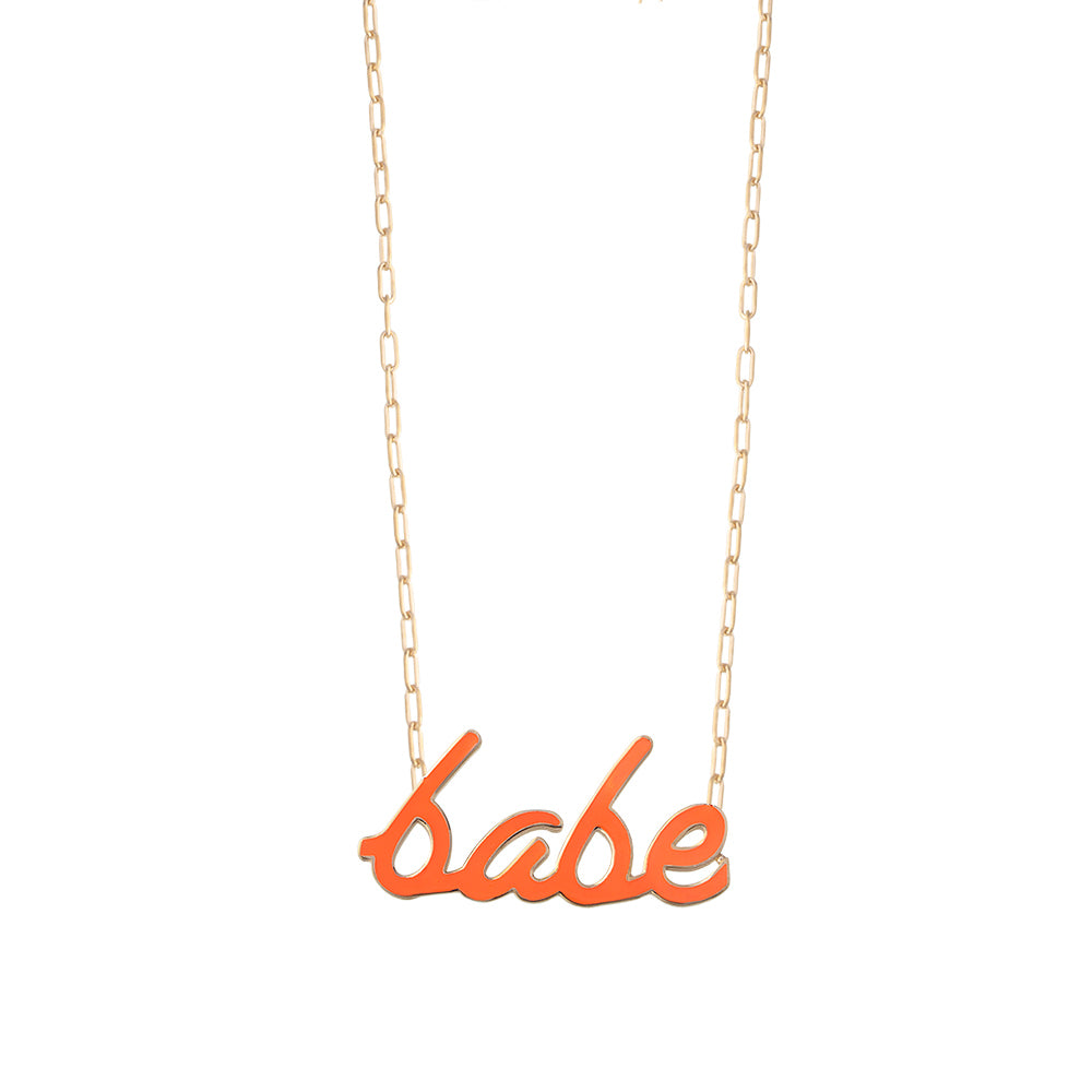 925 Crt Sterling Silver Gold Plated Coral Enamel Motto Babe  Fasionable Necklace Wholesale Turkish Jewelry