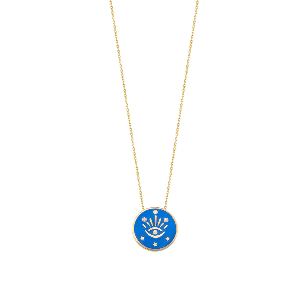 925 Crt Sterling Silver Gold Plated White Zirconia Blue Enamel Round Eye Necklace Wholesale Turkish Jewelry