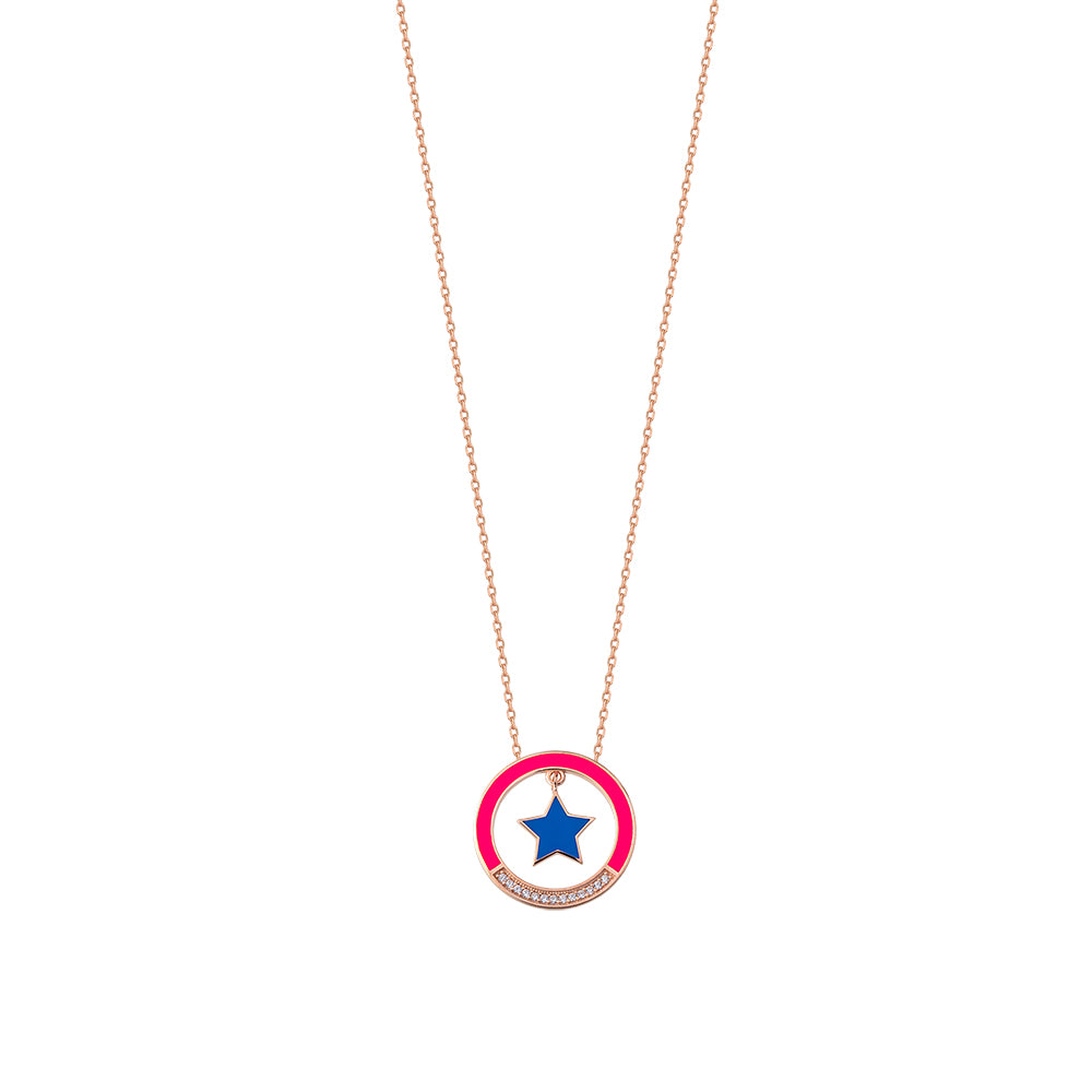 925 Crt Sterling Silver Gold Plated White Zirconia Round Coral Star  Navy Blue Enamel  Fasionable Necklace Wholesale Turkish Jewelry