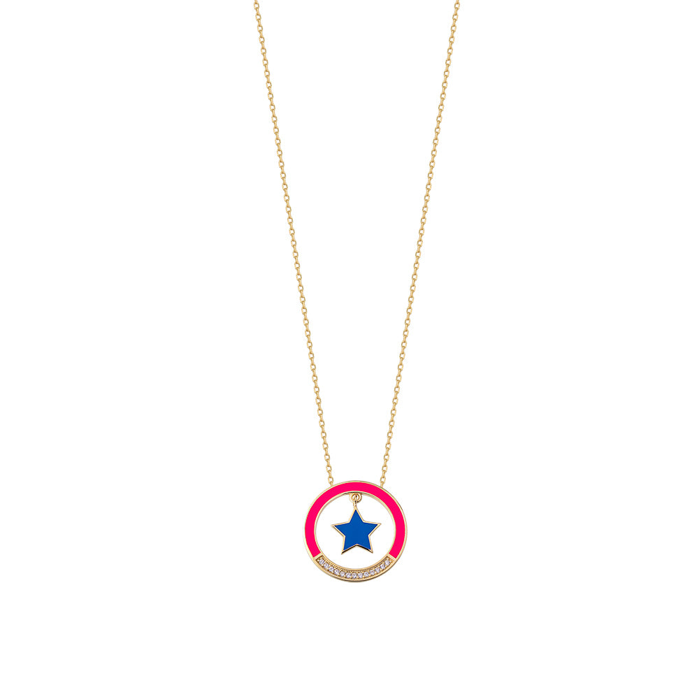925 Crt Sterling Silver Gold Plated White Zirconia Round Coral Star  Navy Blue Enamel  Fasionable Necklace Wholesale Turkish Jewelry