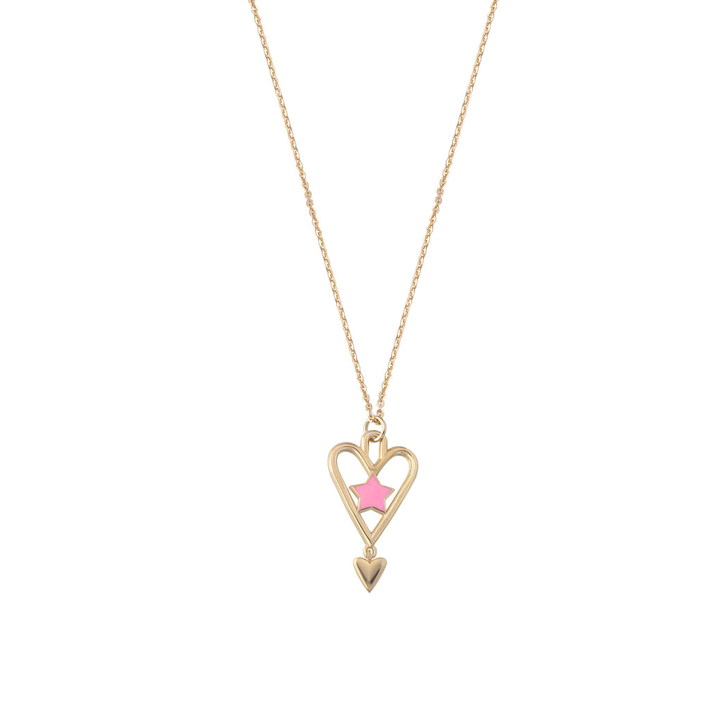 925 Crt Sterling Silver Gold Plated Pink Enamel Star Big Heart Necklace Wholesale Turkish Jewelry