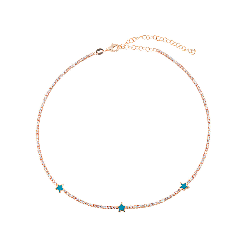 925 Crt Sterling Silver Gold Plated White Zirconia Waterway Chain Turquoise Enamel Star Necklace Wholesale Turkish Jewelry