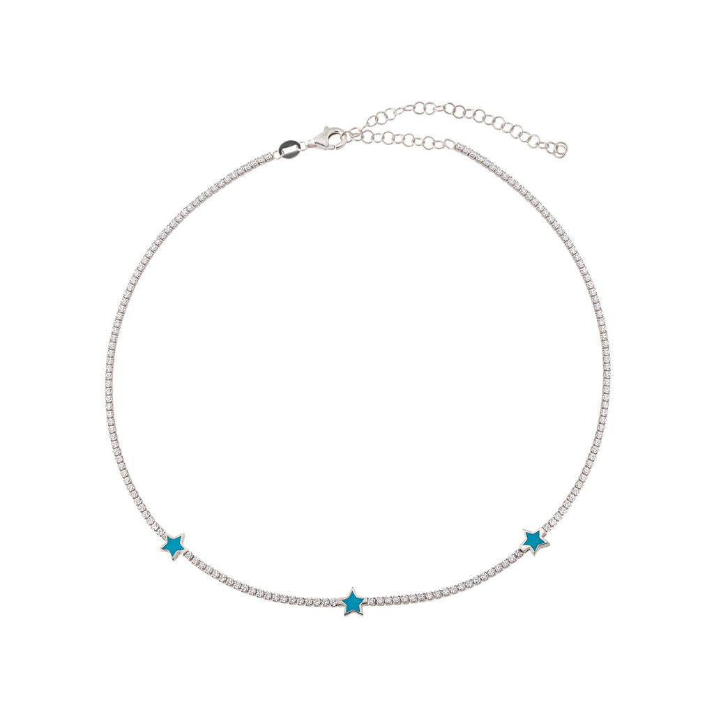 925 Crt Sterling Silver Gold Plated White Zirconia Waterway Chain Turquoise Enamel Star Necklace Wholesale Turkish Jewelry