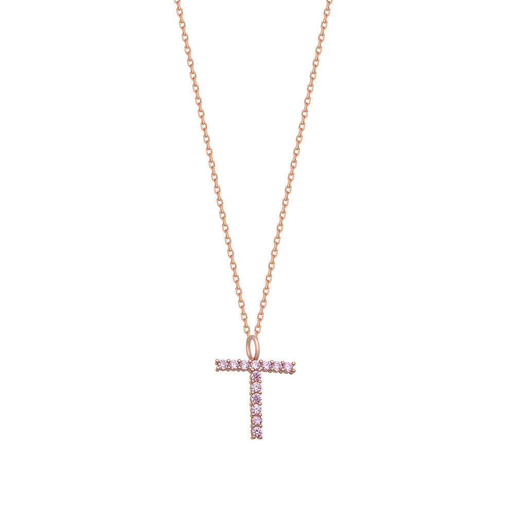 Pink Zirconia T Initial Letter Gold Plated Necklace 925 Crt Sterling Silver Wholesale Turkish Jewelry