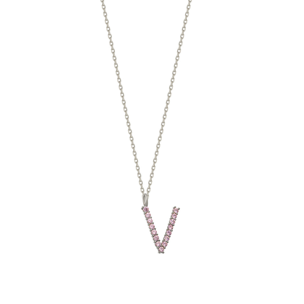 Pink Zirconia V Initial Letter Gold Plated Necklace 925 Crt Sterling Silver Wholesale Turkish Jewelry