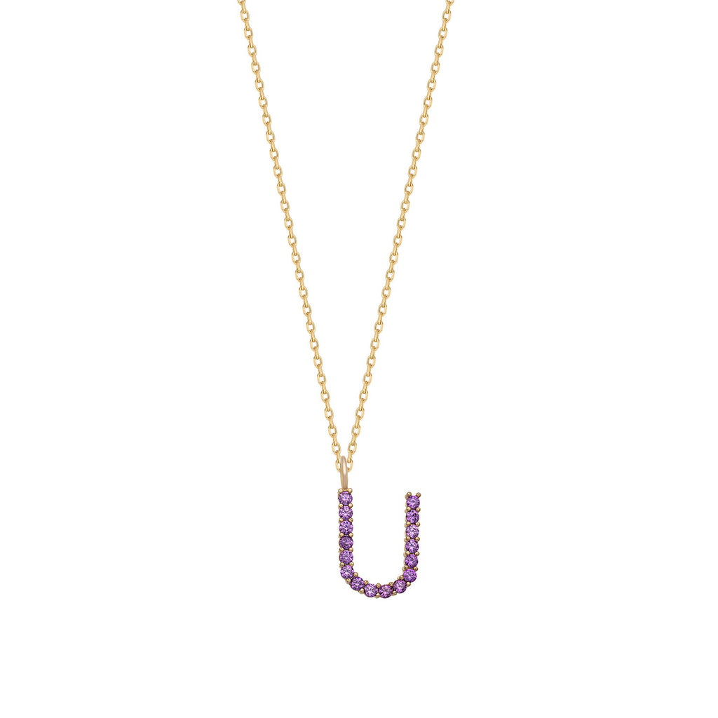Purple Zirconia U Initial Letter Gold Plated Necklace 925 Crt Sterling Silver Wholesale Turkish Jewelry