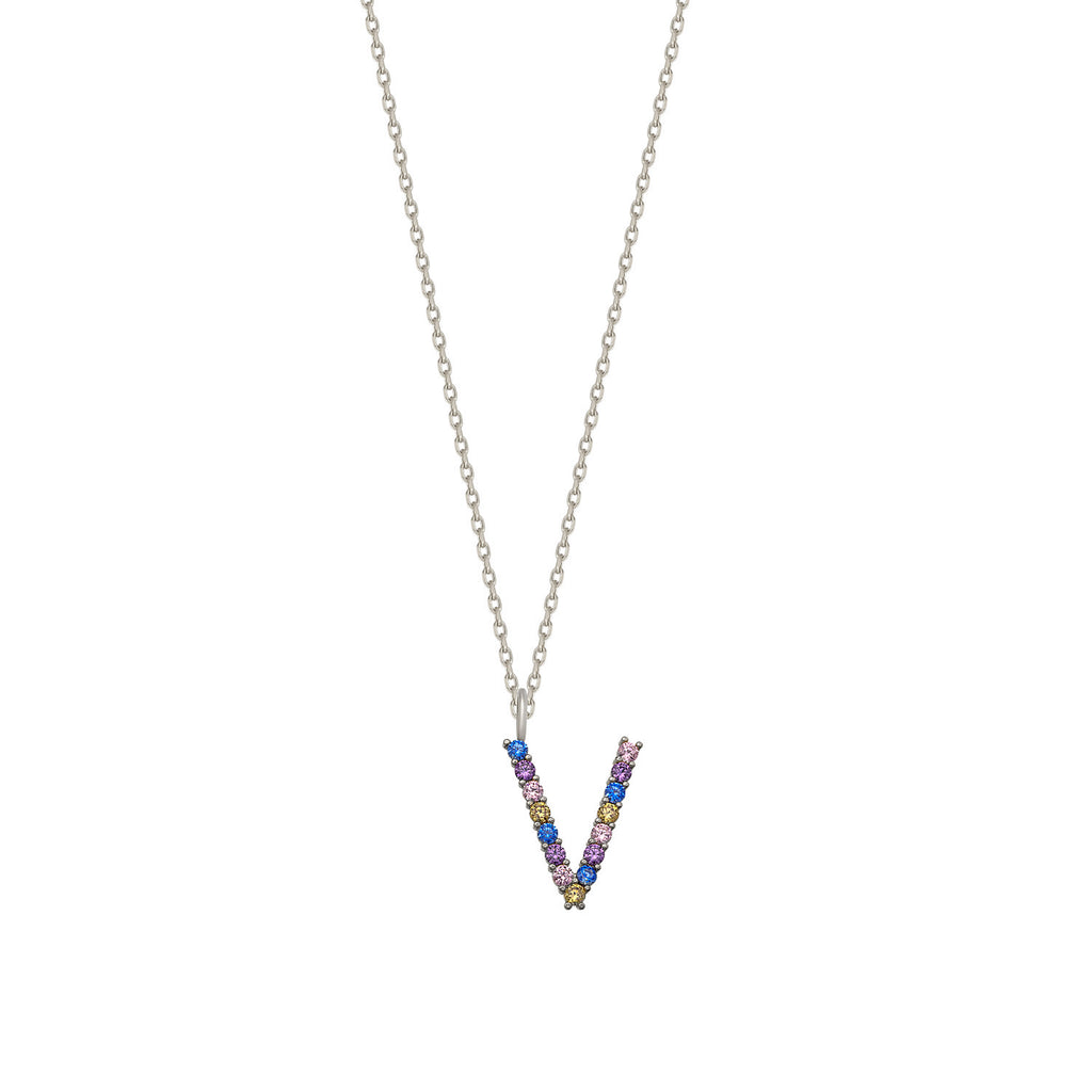Colorful Zirconia V Initial Letter Gold Plated Necklace 925 Crt Sterling Silver Wholesale Turkish Jewelry