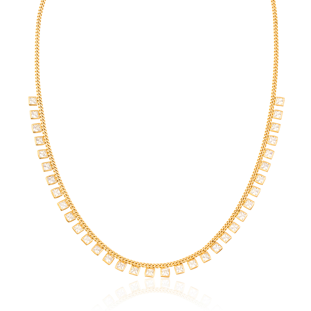 Zirconia Elongated Paperclip Chain Gold Plated 925 Crt Sterling Silver Necklace Wholesale Turkish Jewelry