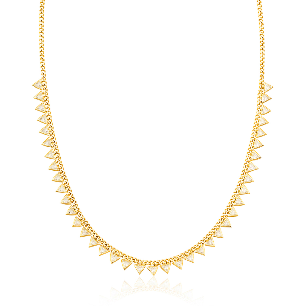 Zirconia Triangles Cuban Chain Gold Plated Necklace 925 Crt Sterling Silver Wholesale Turkish Jewelry