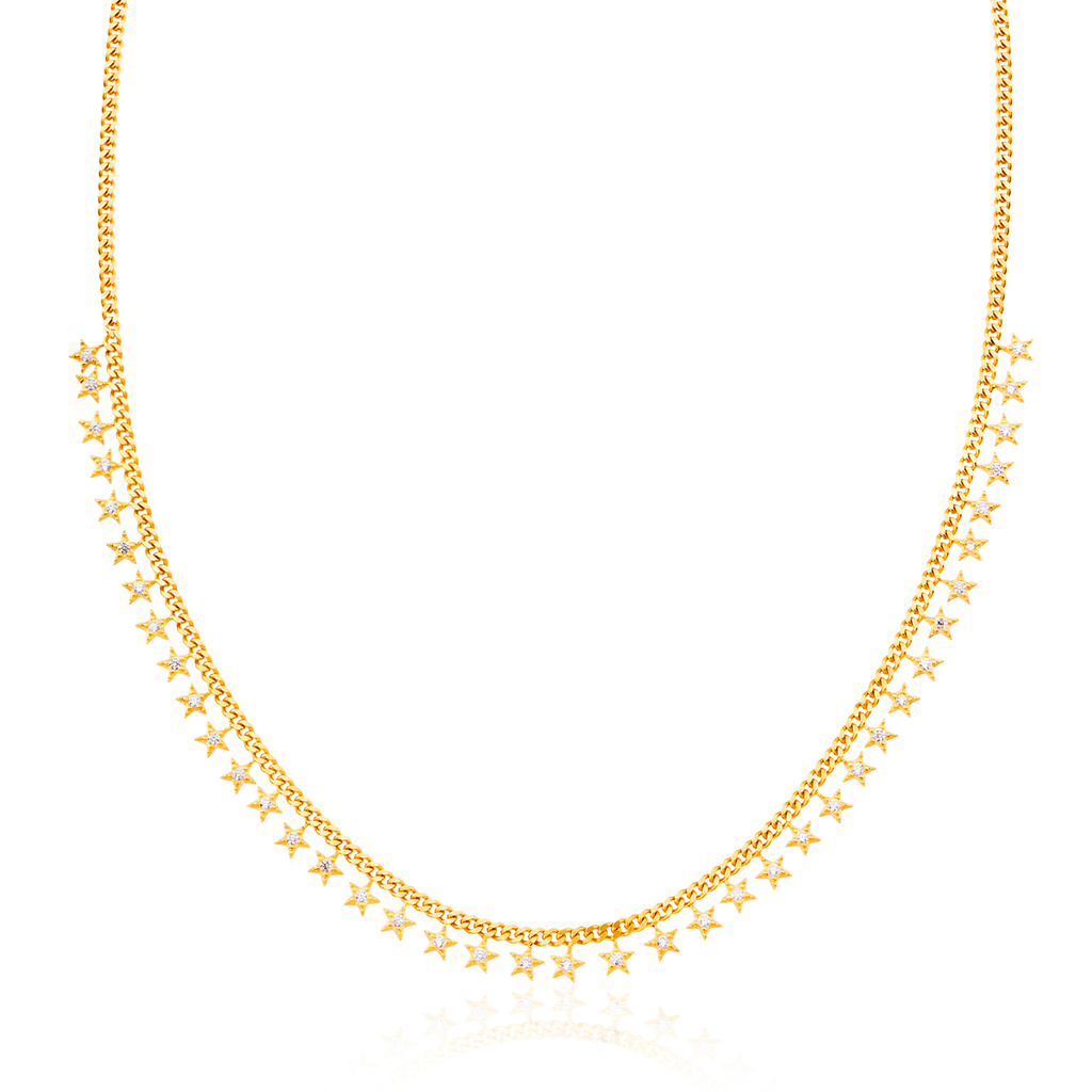 Zirconia Star Cuban Chain Gold Plated Necklace 925 Crt Sterling Silver Wholesale Turkish Jewelry
