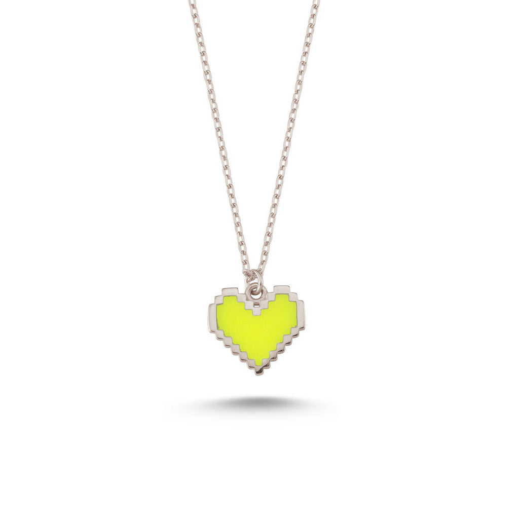 Gold Plated Fashionable Yellow Enamel Pixel Heart Necklace 925 Crt Sterling Silver  Wholesale Turkish Jewelry