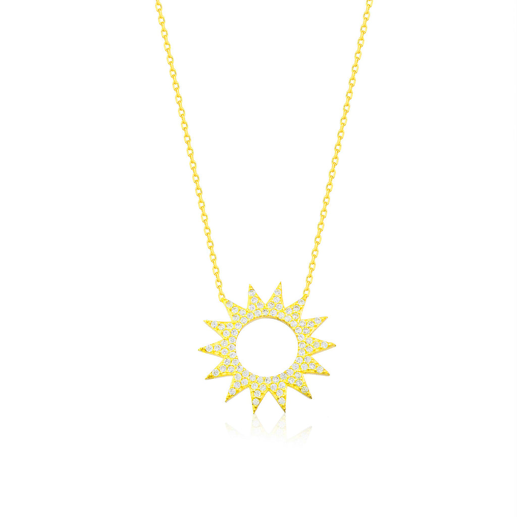 Zirconia Hollow Sun Gold Plated Necklace 925 Crt Sterling Silver Wholesale Turkish Jewelry