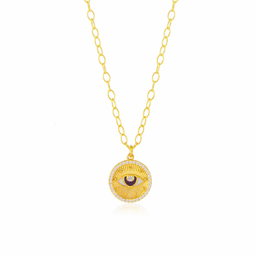 Blue Evil Eye Medallion Gold Plated Necklace 925 Crt Sterling Silver Wholesale Turkish Jewelry