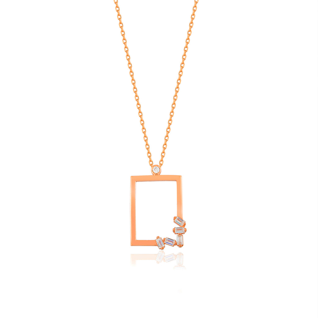 Zirconia Frame Hollow Square Gold Plated Necklace 925 Crt Sterling Silver Wholesale Turkish Jewelry
