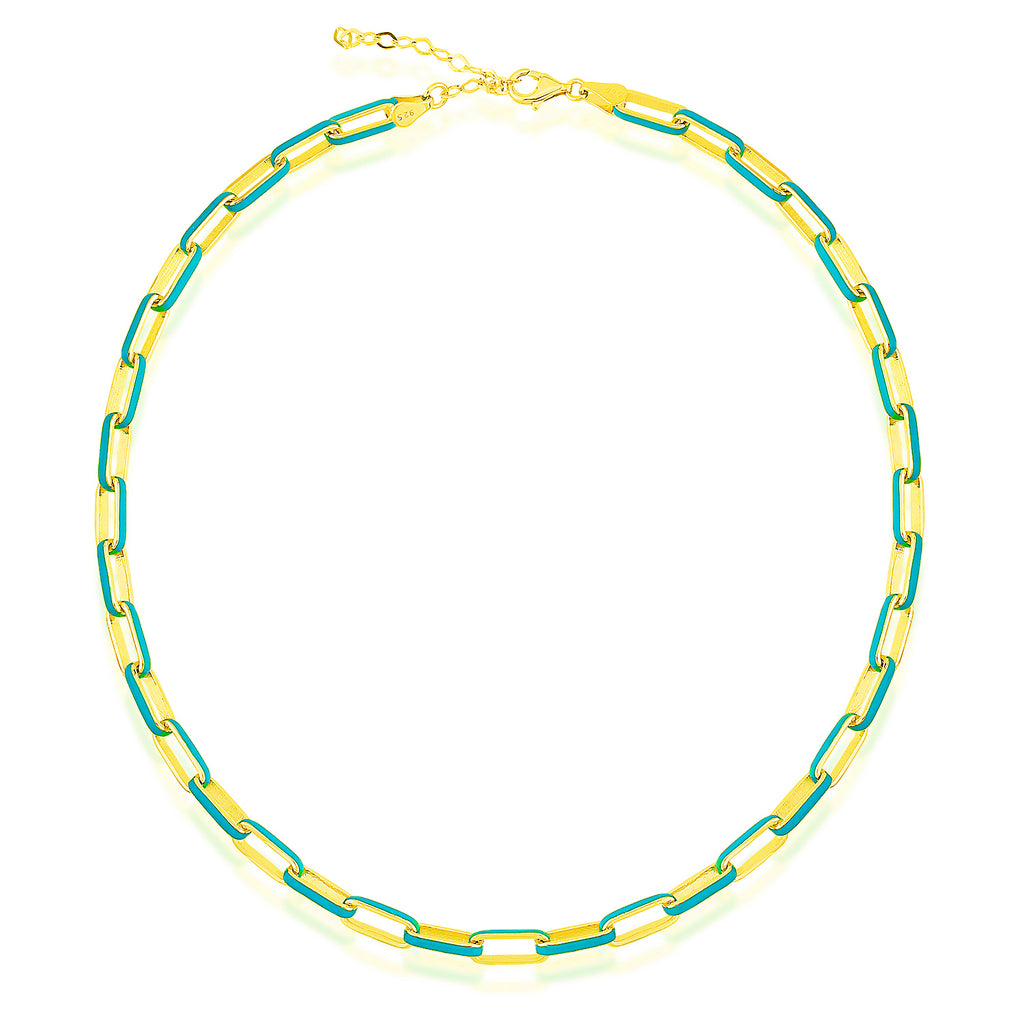 Turquoise Enamel Paper Clip Chain Gold Plated Necklace 925 Crt Sterling Silver Wholesale Turkish Jewelry
