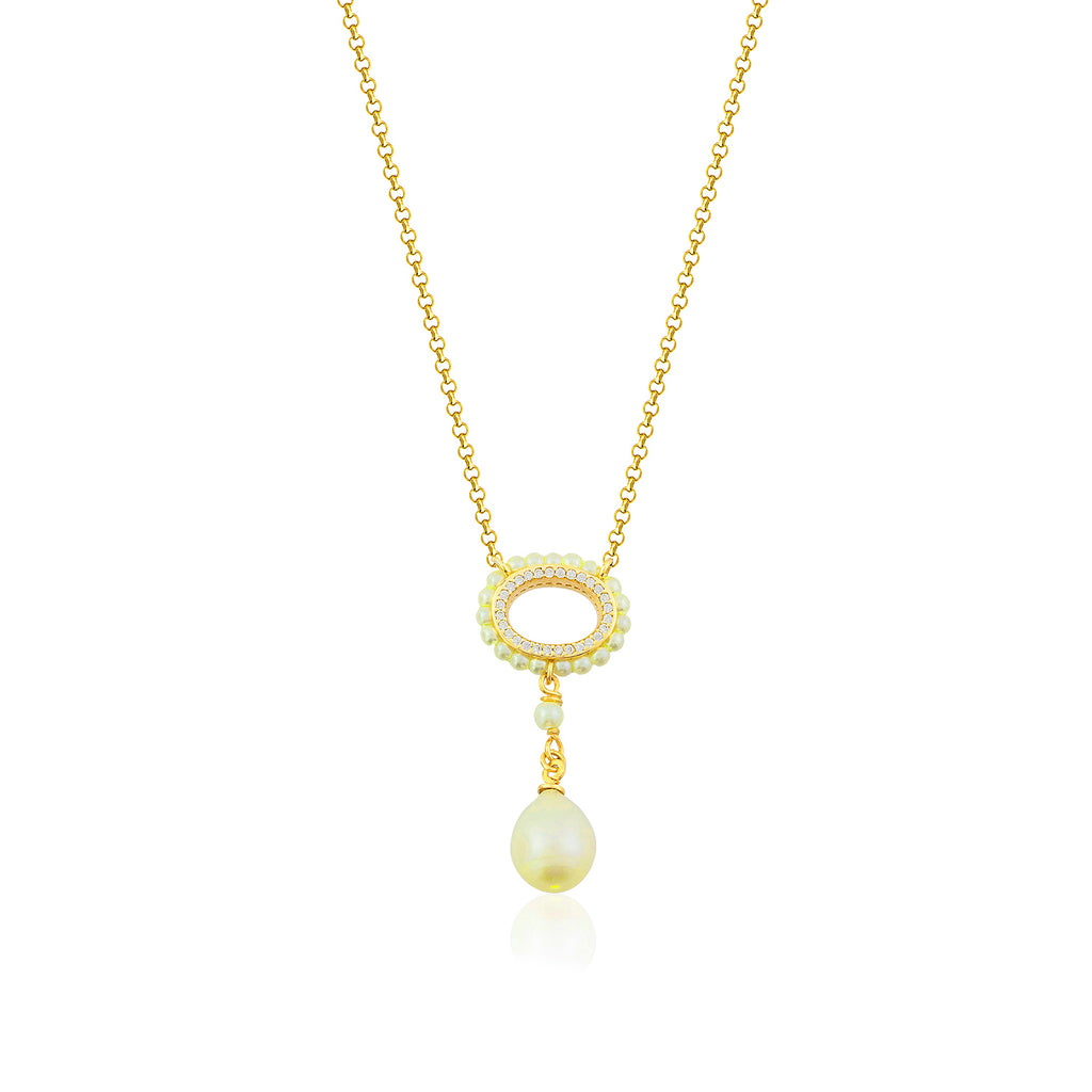 Pearl Zirconia Frame Gold Plated Necklace 925 Crt Sterling Silver Wholesale Turkish Jewelry